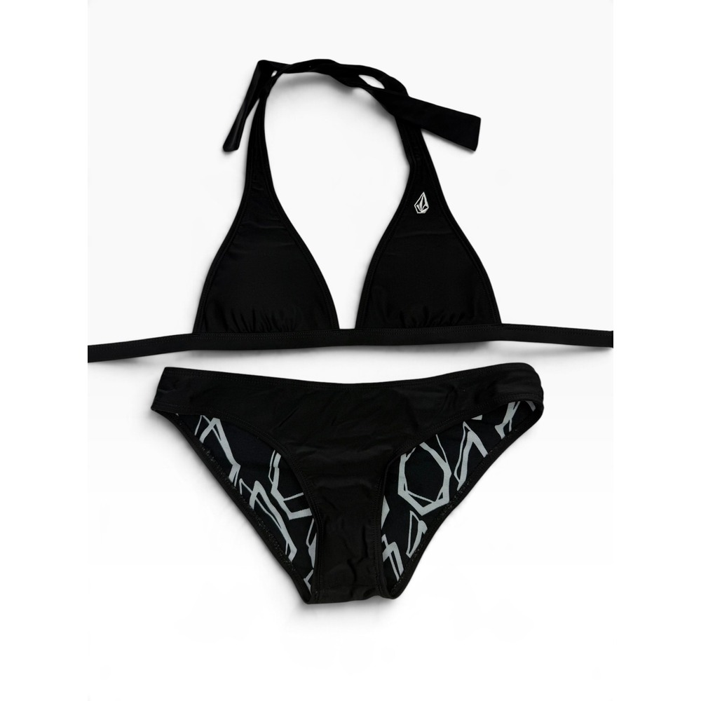 Vintage Volcom Reversible Bikini Set Black Geometric Print Y2K Halter Small